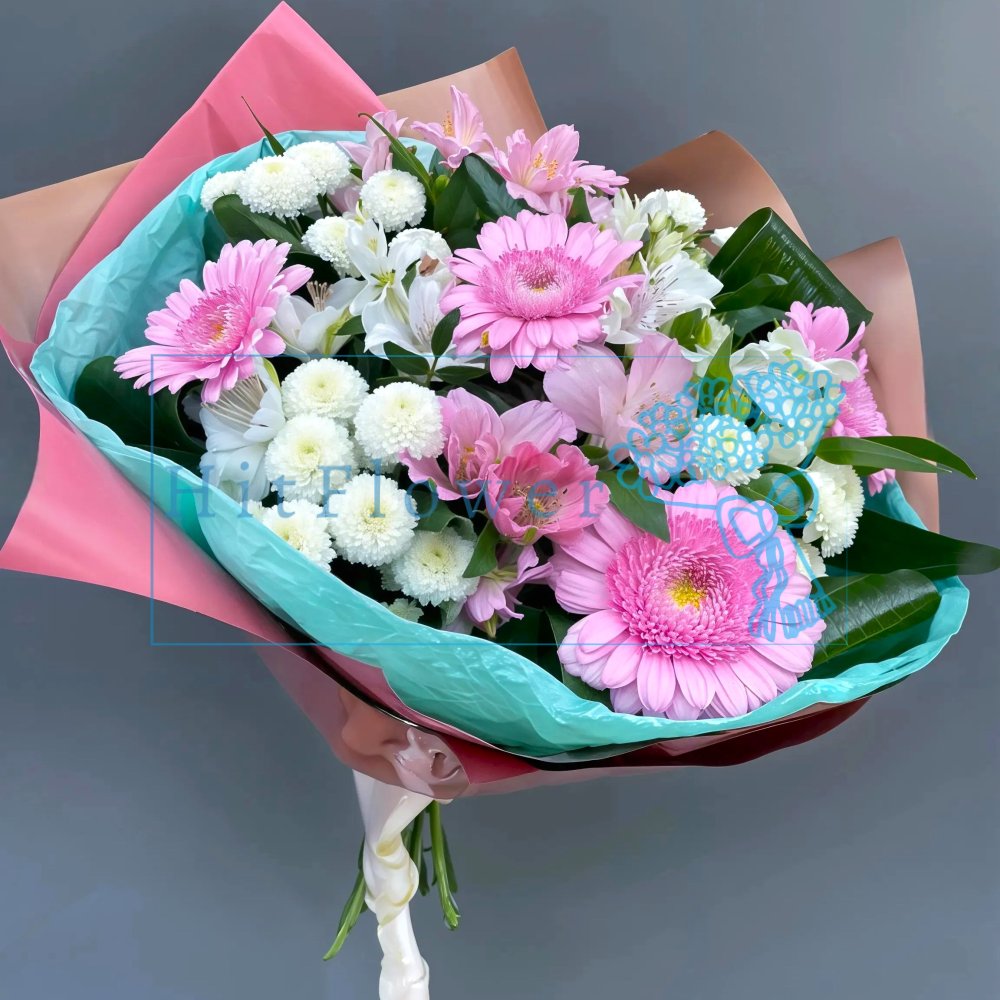 Букет цветов из: Герберы, Розы и Альстромерии